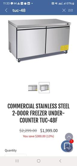 Display Model open box - COMMERCIAL STAINLESS STEEL 2-DOOR FREEZER UNDER-COUNTER TUC-48F