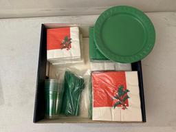 Vintage Red & Green Holly Paper Napkins, Plastic Plates, Utensils & Cups