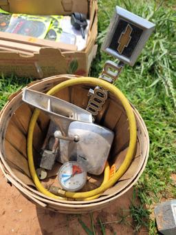 basket with lock, truck mirror, suburban vehical emblem, psi pressure gauge