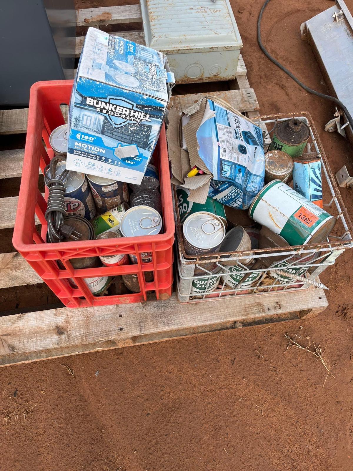 vintage oil cans and outdoor flood light