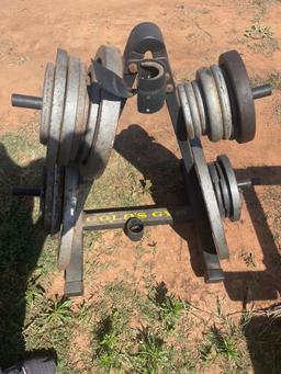 workout bench, weights, workout bar