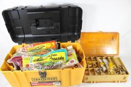 One Plano double sided tackle box with fishing items and one Craftsman tool box full of fishing