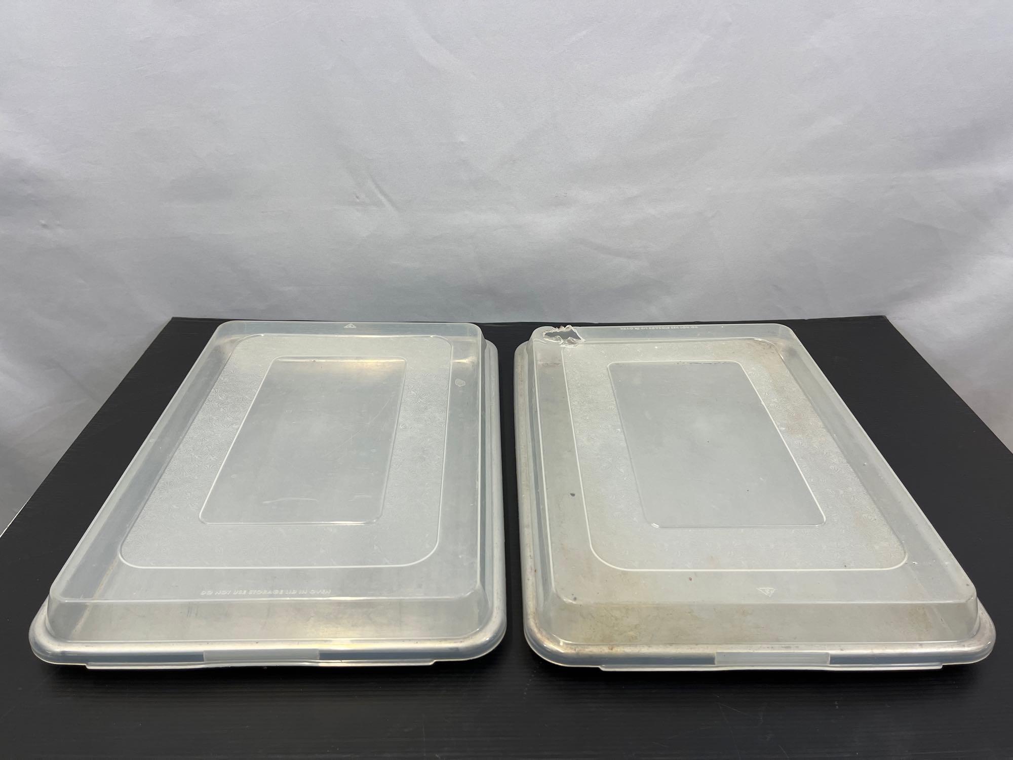 2 Aluminum Cookie Sheets with Plastic Lids
