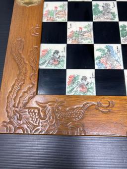 Oriental Dragon Motif Hinged Chessboard Case with Carved Game Pieces in Drawer