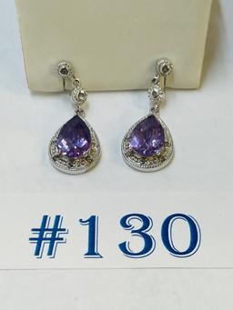 2PC STERLING SILVER SIMULATED DIAMOND AND GEMSTONE DANGLE EARRINGS