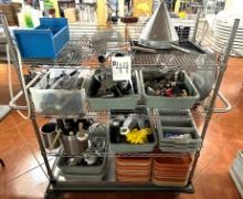 STAINLESS RACK OF UTENSILS, SERVING TRAYS, WINE OPENERS, BUS TUBS, ETC.