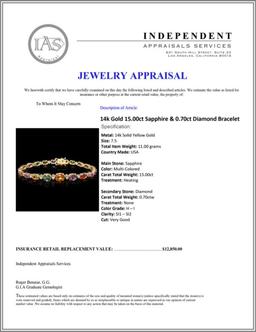 14k Gold 15.00ct Sapphire & 0.70ct Diamond Bracel