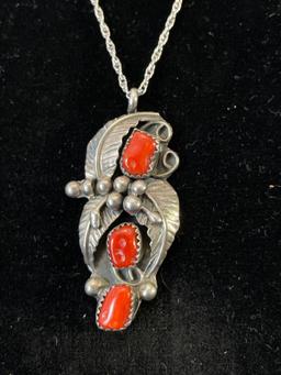 Antique Sterling Silver and Coral Pendant