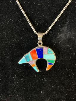 Zuni Signed TSF turquoise and Sterling Inlay bear