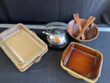 Walnut Salad Bowl, Tea Kettle, Bakers