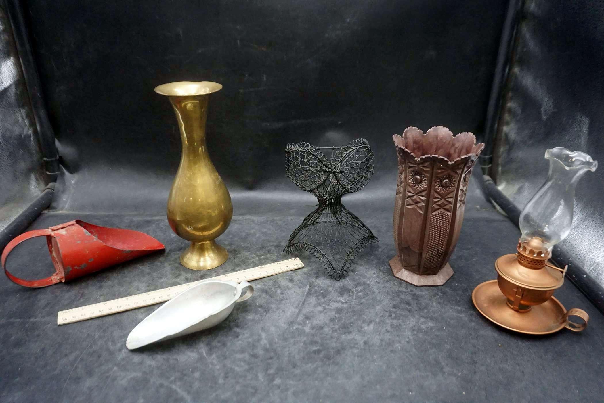 Metal Scoops, Brass Vase, Metal Bust, Vase & Lantern