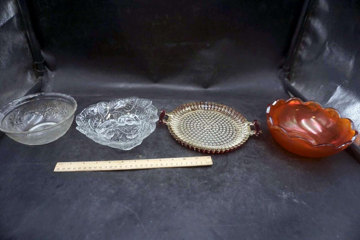 Glass Bowls, Serving Platter (Flaked Paint) & Orange Carnival Glass Bowl