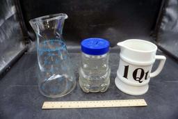 Glass Pitcher, Skippy Jar & 1 Qt Creamer