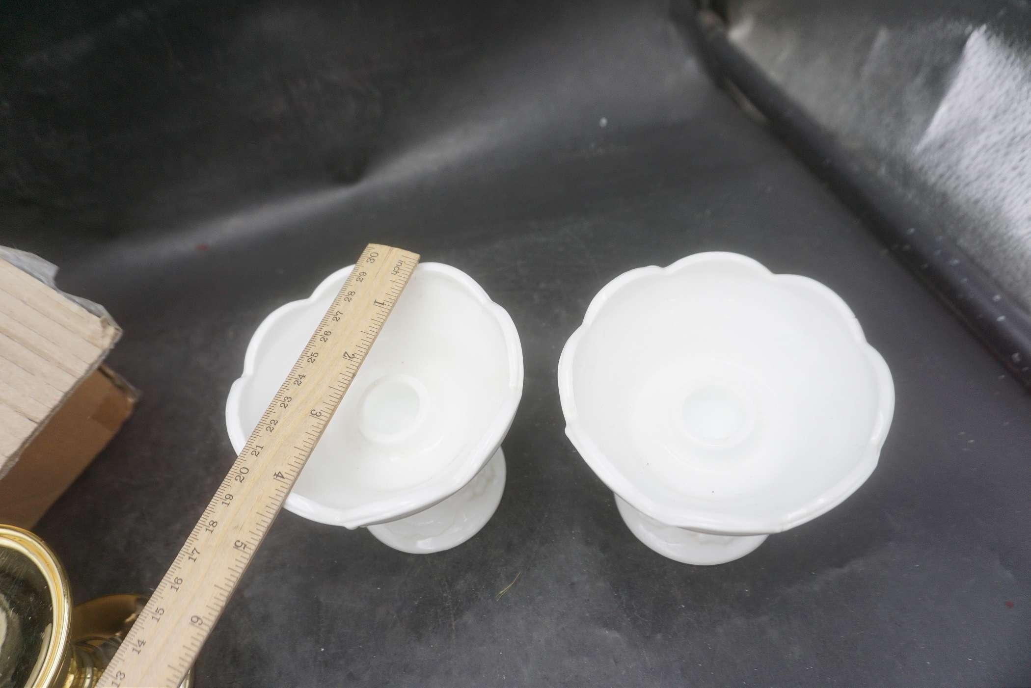 Milk Glass Dishes, Brass Colored Candlestick Holders