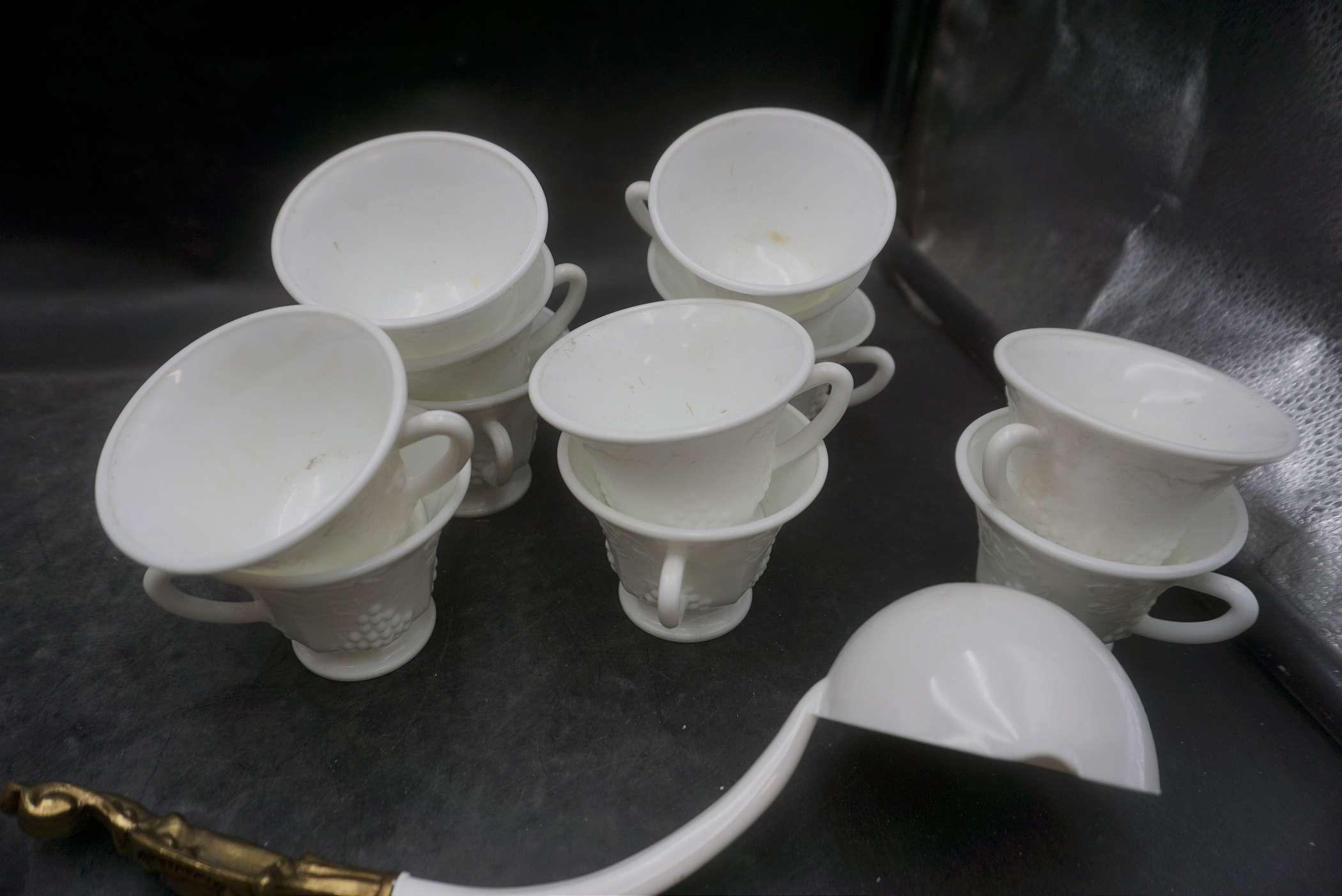 Footed Milk Glass Punch Bowl W/ Cups & Ladle