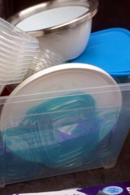 Plastic Bin, Food Storage Containers, Cutting Boards, Foil & Saran Wrap