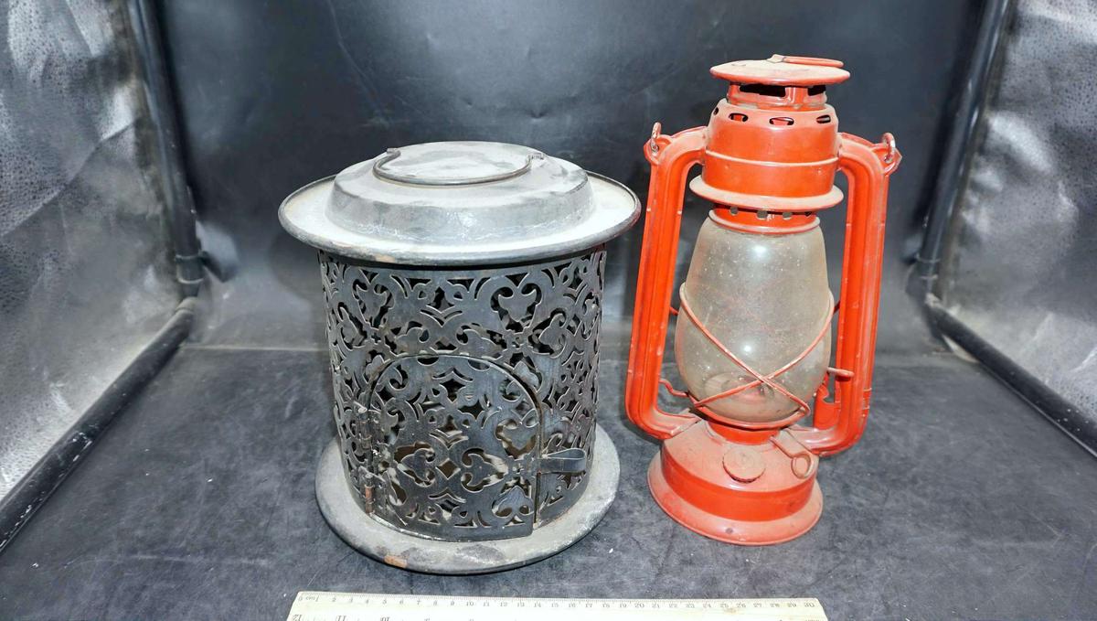 Metal Candle Holder & Red Barn Lantern