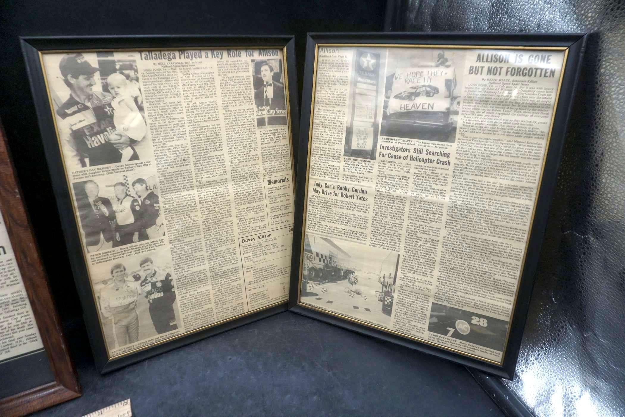 3 - Framed Davey Allison Newspaper Articles