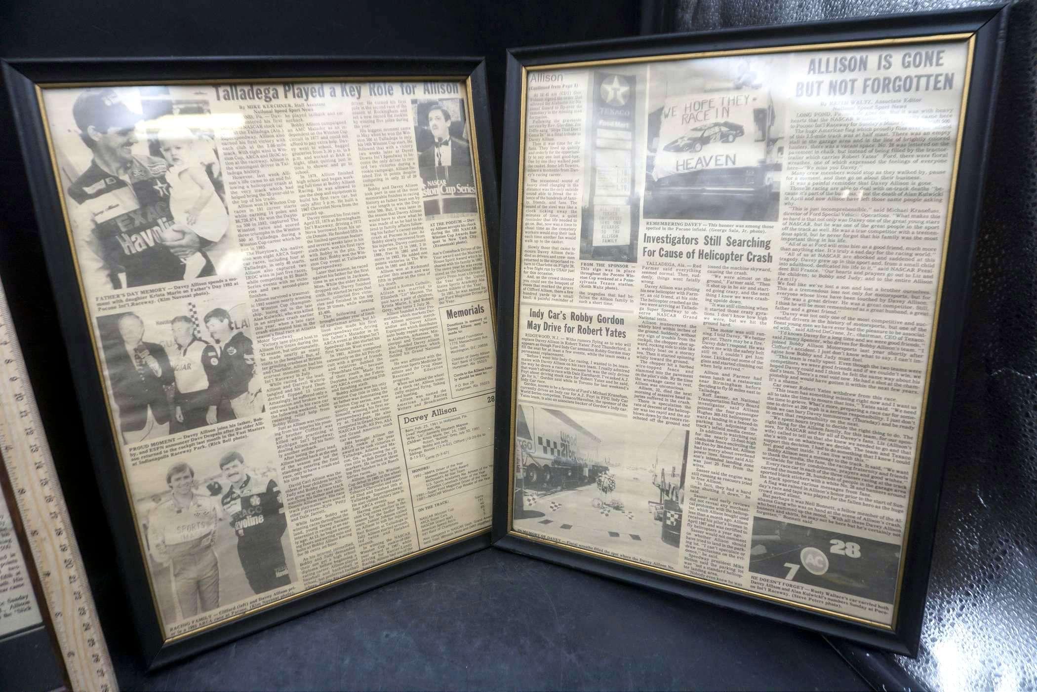 3 - Framed Davey Allison Newspaper Articles