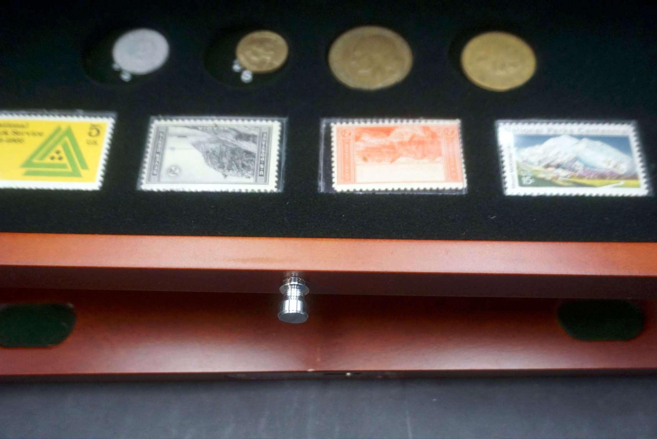 Display Case W/ The U.S. National Parks State Quarters, Half Dollars, Foreign Coins & More