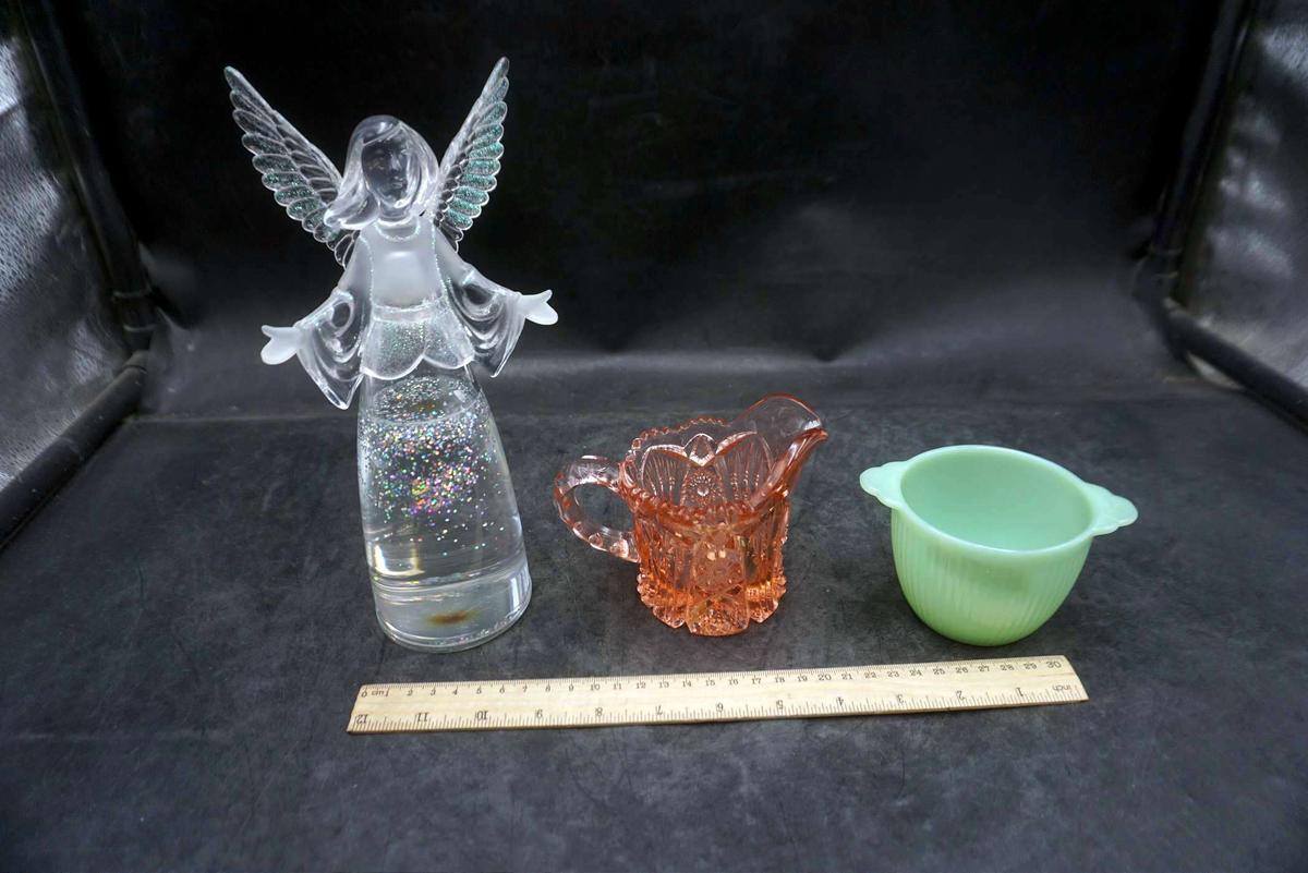 Pink Glass Creamer, Fire-King Jadite Sugar Bowl & Glass Angel