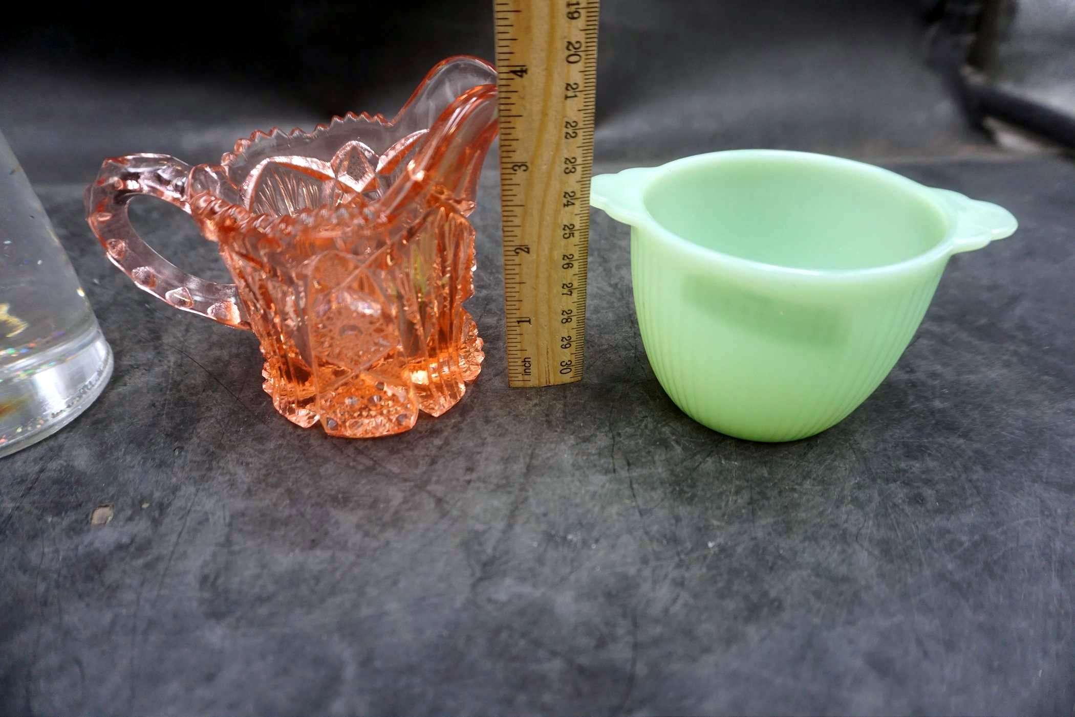 Pink Glass Creamer, Fire-King Jadite Sugar Bowl & Glass Angel