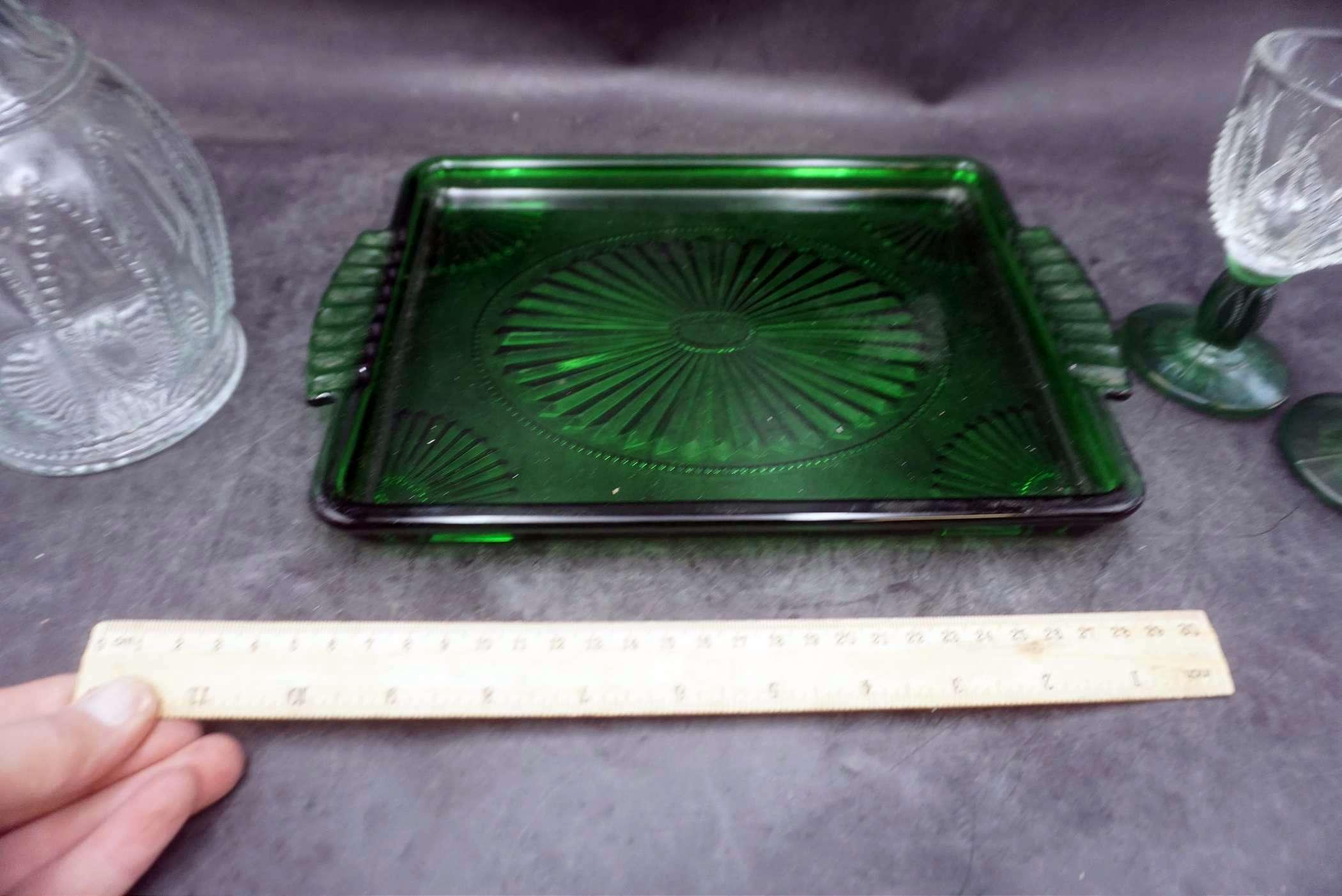 Avon Green Glass Serving Set - Tray, Decanter & Glasses