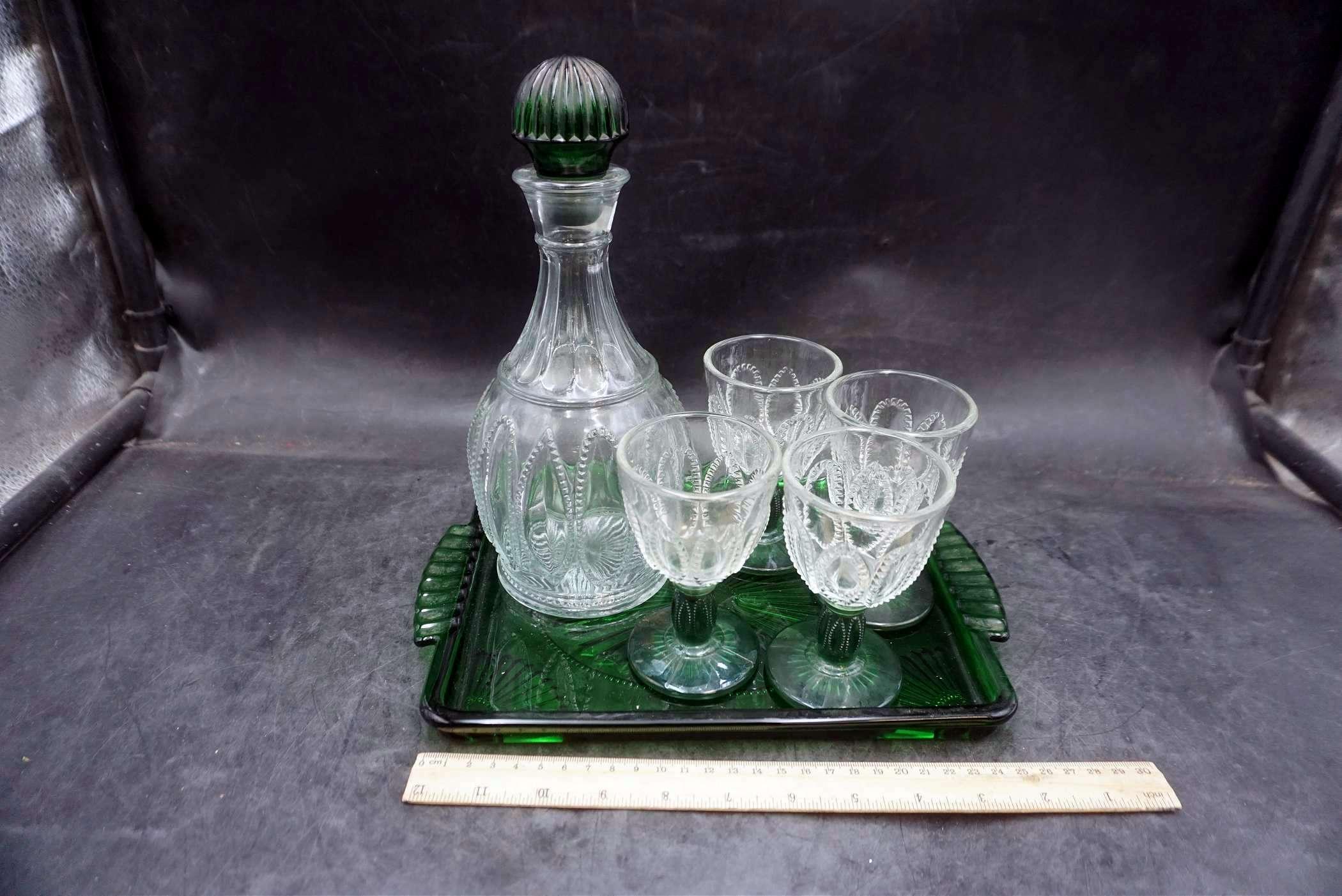 Avon Green Glass Serving Set - Tray, Decanter & Glasses