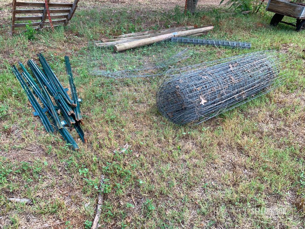 Qty Fencing Material, Wood & Metal Post, 5ft Wire Rolls