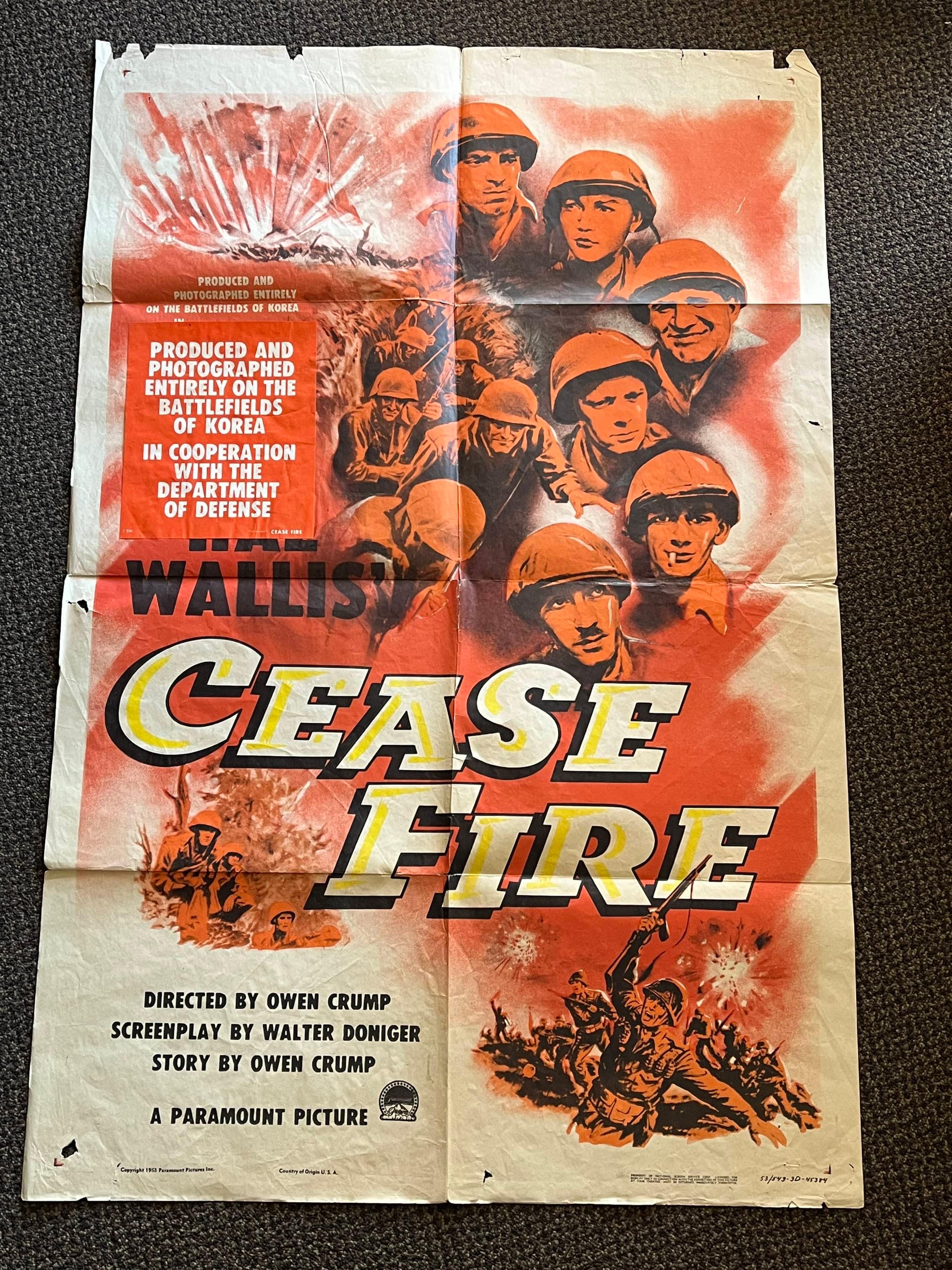 1953 "Cease Fire" War Movie 1-Sheet Movie Poster