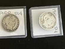 (2) 1915-D Barber Half Dollars