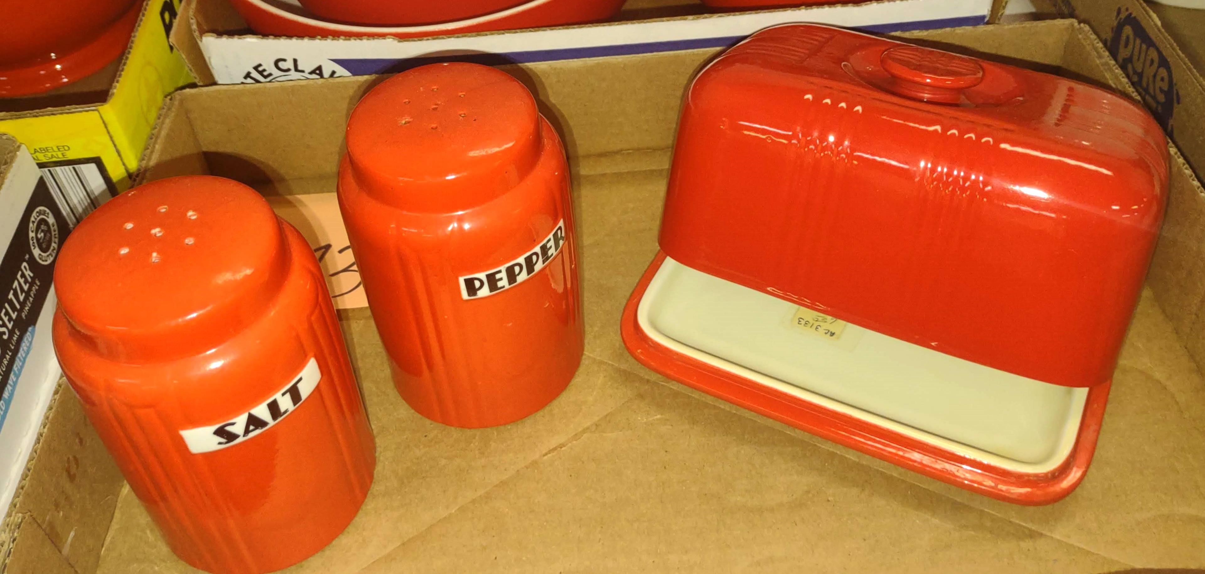 VINTAGE HALL CHINESE RED BUTTER DISH, SALT & PEPPER SET