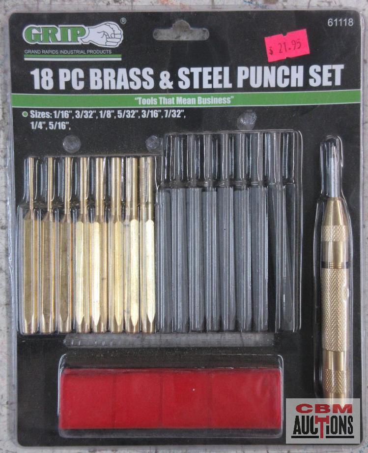 Grip 61118 18pc Brass & Steel Punch Set w/ Vinyl Storage Pouch Sizes: 1/16"-1/16"