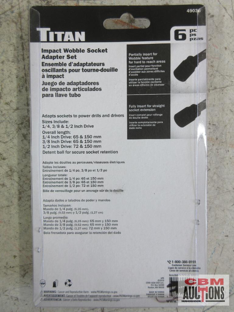 Titan 49036 Impact Wobble Socket Adapter Set Sizes: 1/4", 3/8" & 1/2" Overall Length: 1/4" Drive: 65