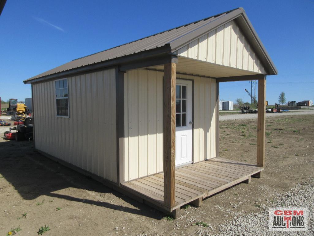 New 10'x16' With 4' Front Porch Barn Style Shed With Tan & Brown Metal, Storage Loft With Steps,