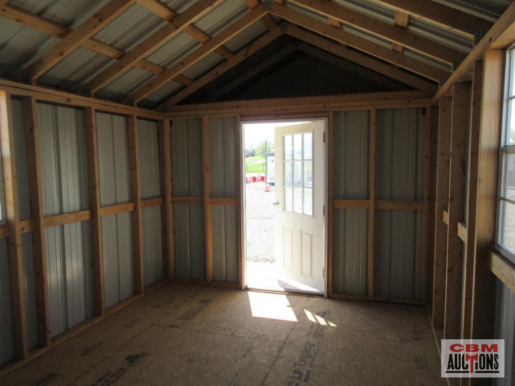 New 10'x16' With 4' Front Porch Barn Style Shed With Tan & Brown Metal, Storage Loft With Steps,