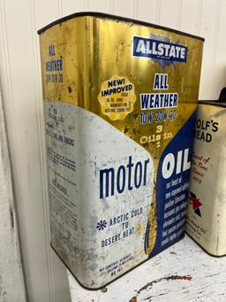 Three Advertising Gas Motor Oil Cans Wolf's Head & All State