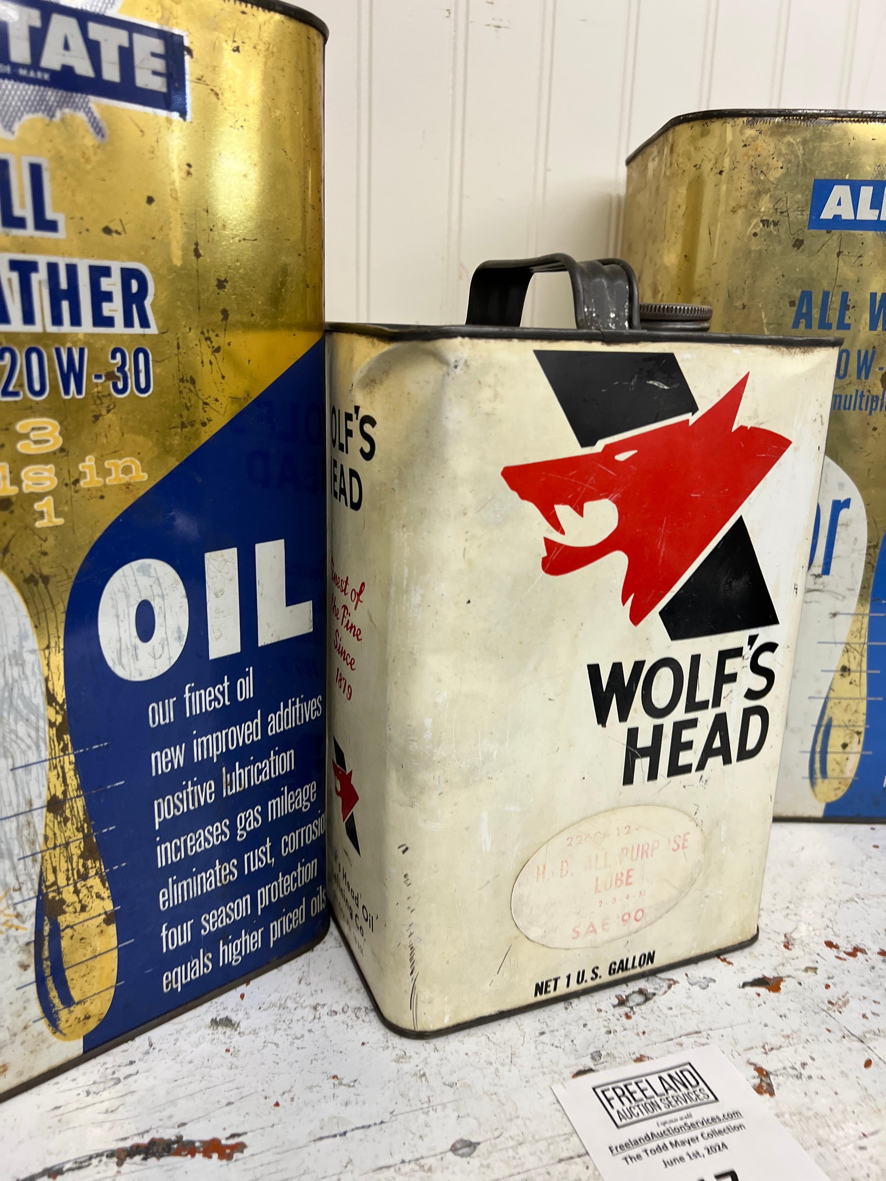 Three Advertising Gas Motor Oil Cans Wolf's Head & All State