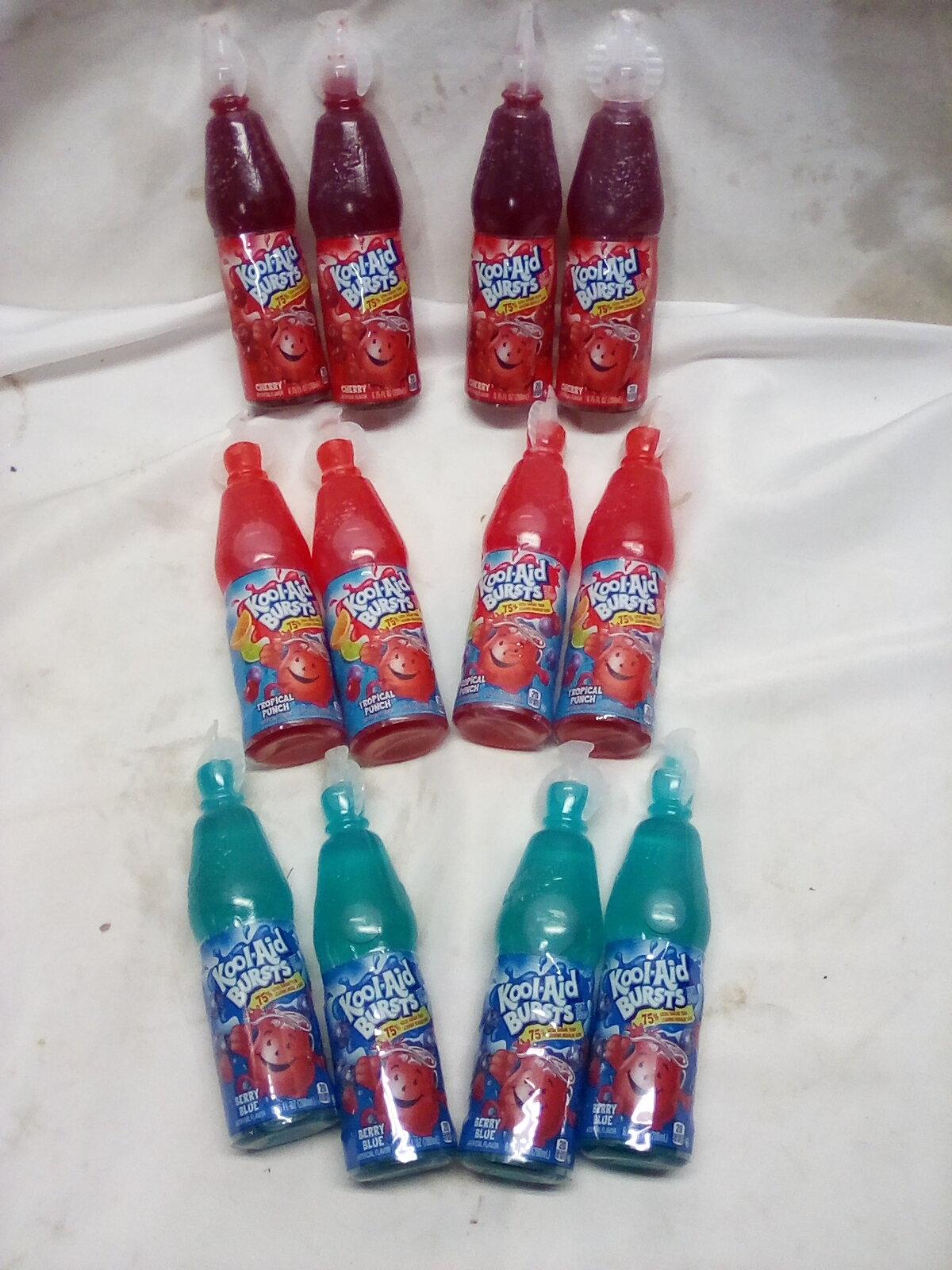 Kool-Aid Bursts. 12-Pack 6.75 fl oz. Berry Blue, Tropical Punch, & Cherry.