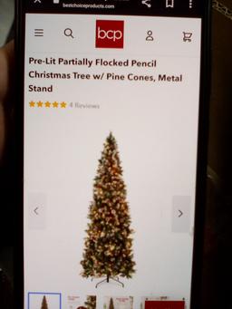 BCP Pre-Lit Partially Flocked Pencil Christmas Tree w/ Pine Cones & Stand.