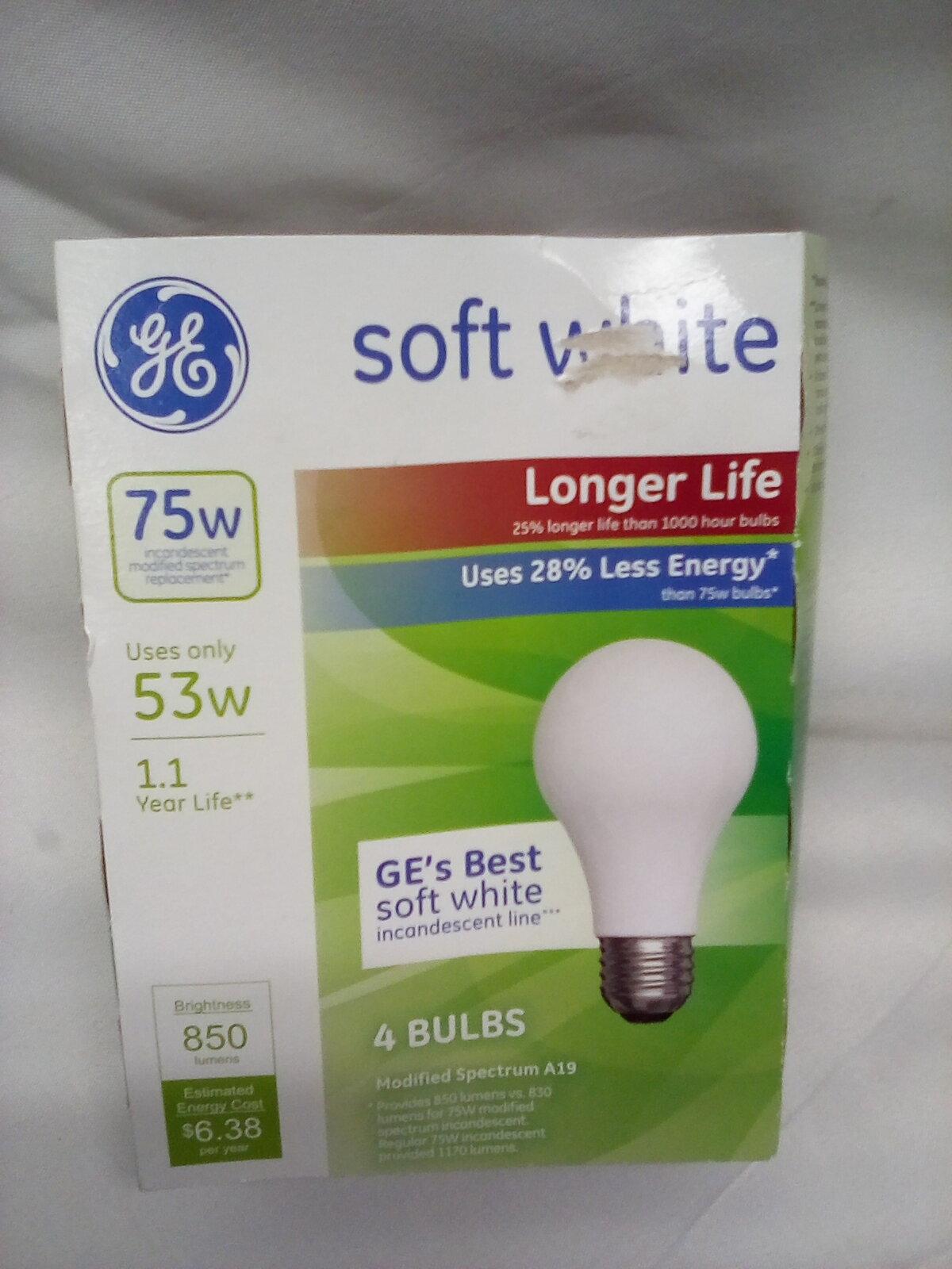 GE Soft White 75w 4 pack light bulbs