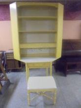 Solid Wood Corner Desk w/ Hutch Top & Stool