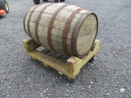 WHISKEY BARREL W RACK ON WHEELS