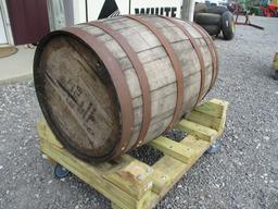 WHISKEY BARREL W RACK ON WHEELS