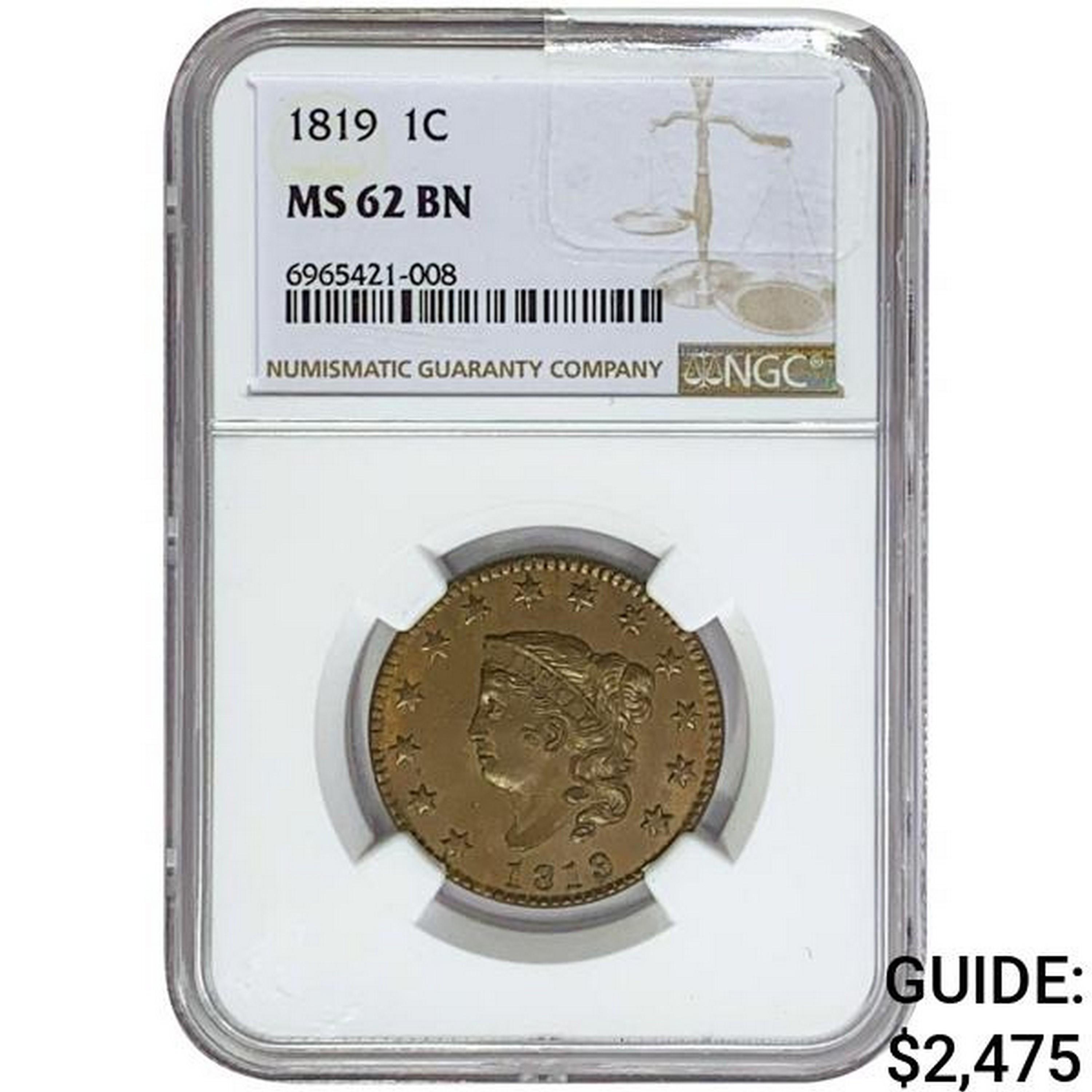 1819 Coronet Head Large Cent NGC MS62 BN