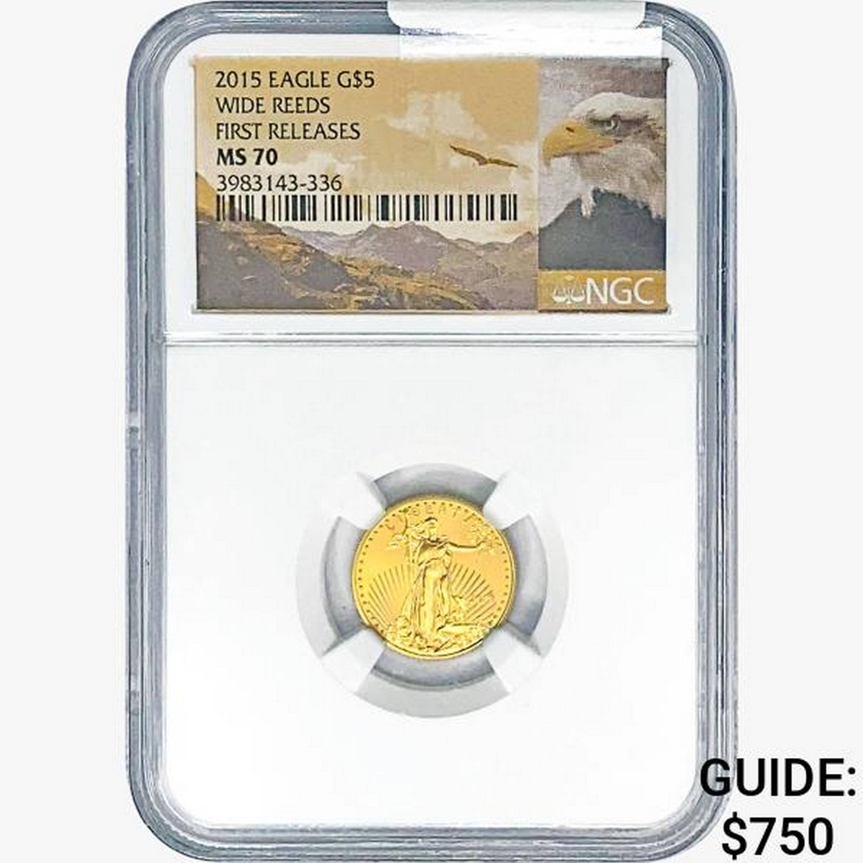 2015 $5 1/10oz. Gold Eagle Wide Reeds NGC MS70 FR