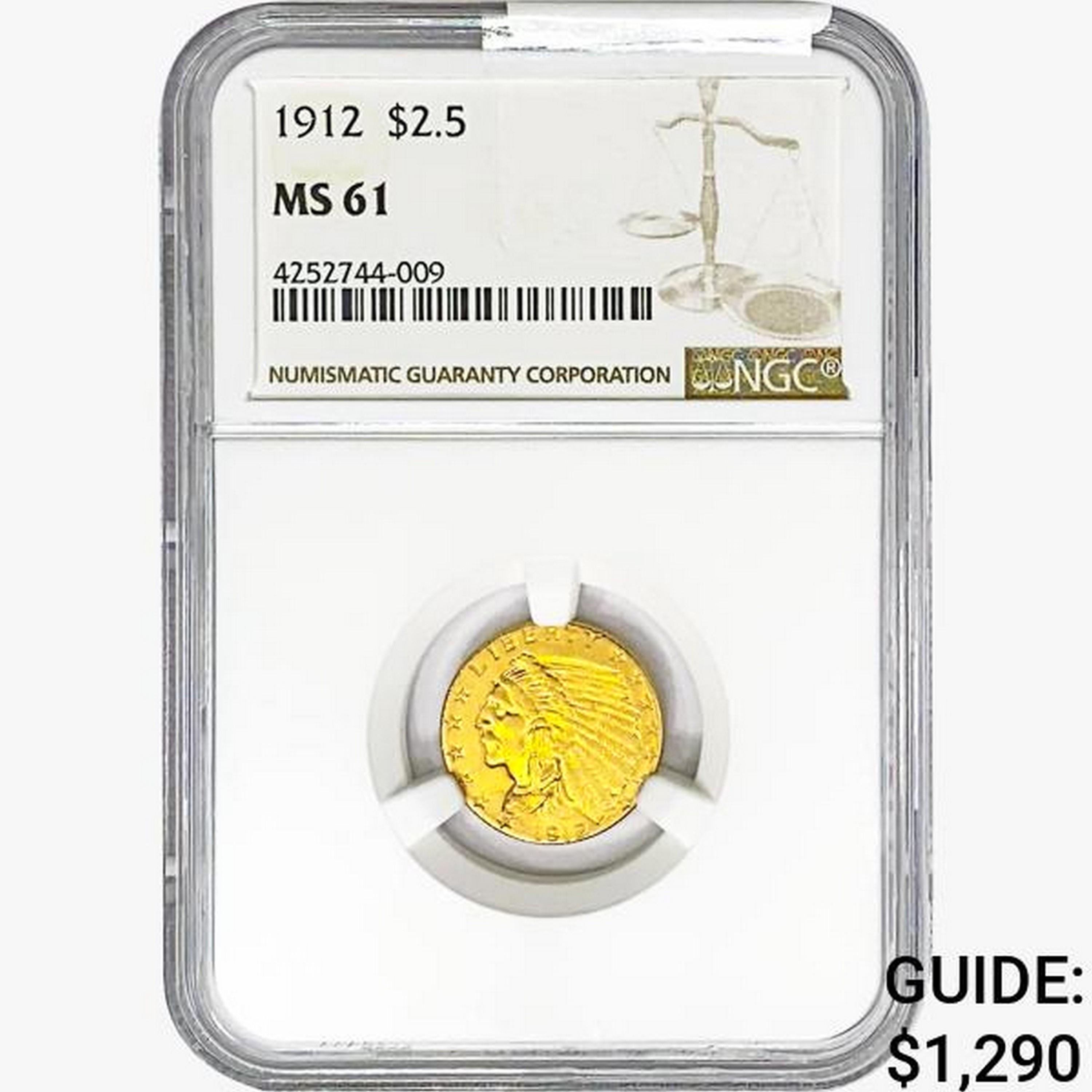 1912 $2.50 Gold Quarter Eagle NGC MS61