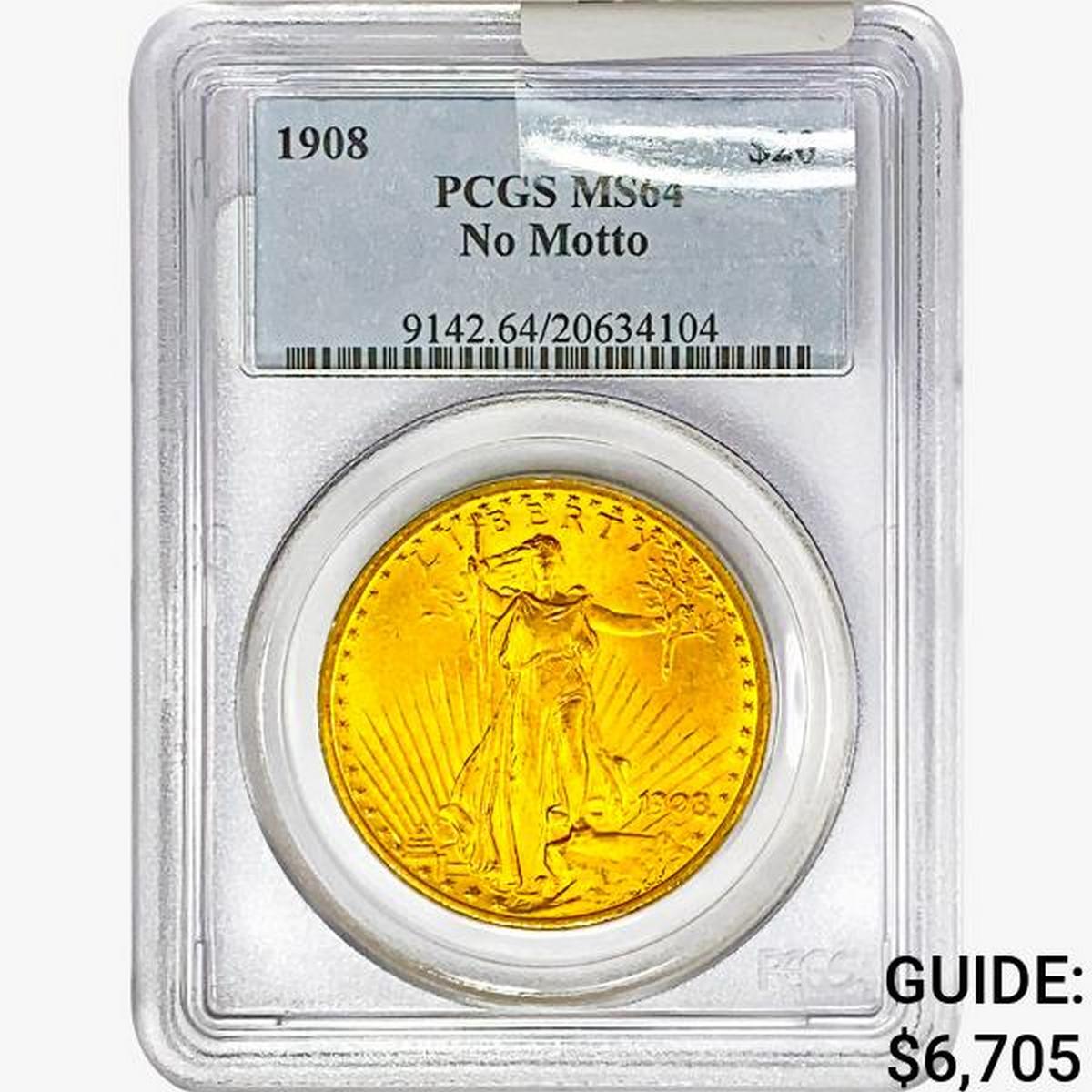 1908 $20 Gold Double Eagle PCGS MS64 No Motto