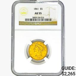 1861 $5 Gold Half Eagle NGC AU55