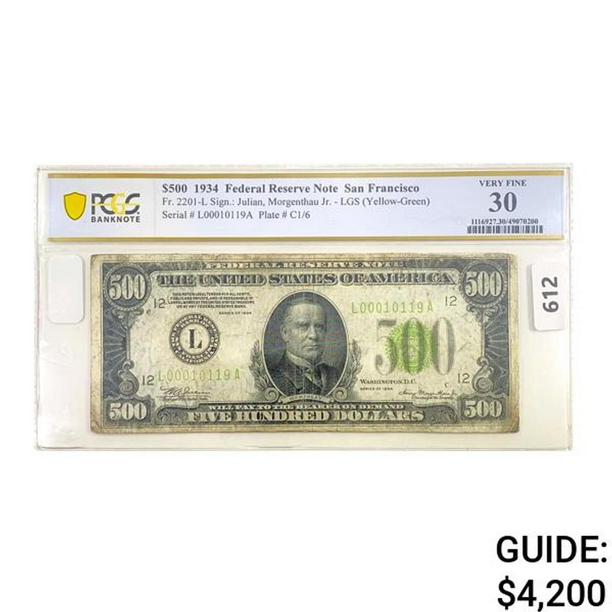 1934 $500 Federal Reserve Note PCGS VF 30